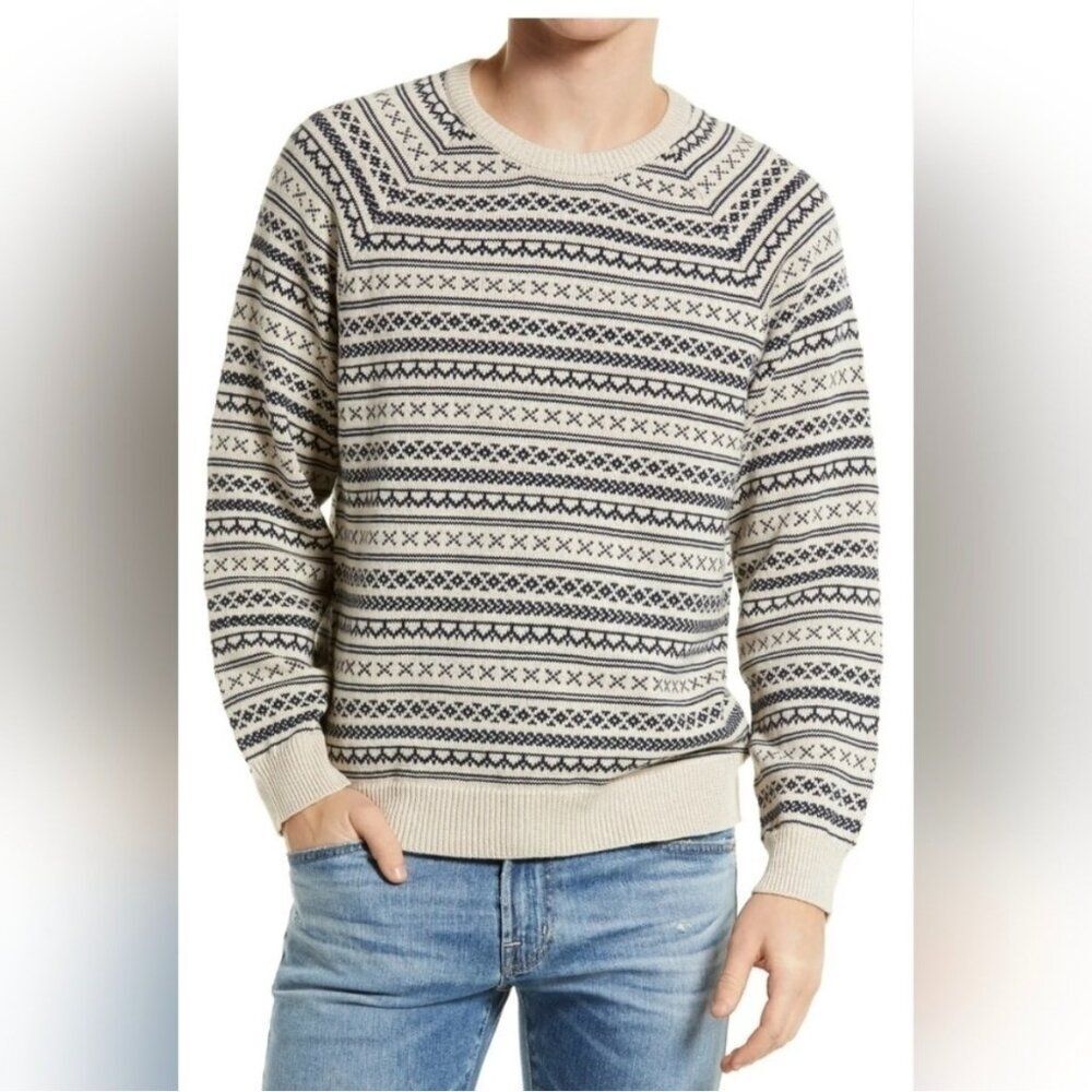 MARINE Layer Men's MEDIUM Knox Fair Isle Crewneck Sweater Cream/Black Iris